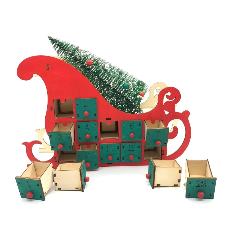 

Christmas Sleigh Tree Wooden Advent Calendar Countdown LED Party Decor 24 Drawer T3LE