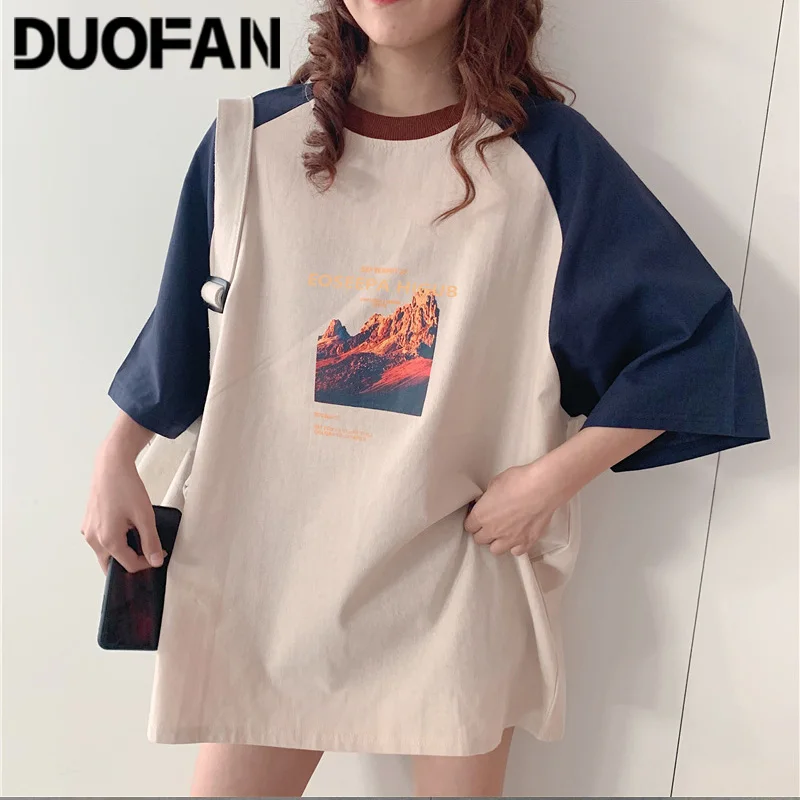 

DUOFAN Korean Short Sleeve T Shirt Women Patchwork Graphic Print O-neck T-shirt Preppy Style Design Elegant Kawaii Girls Tops