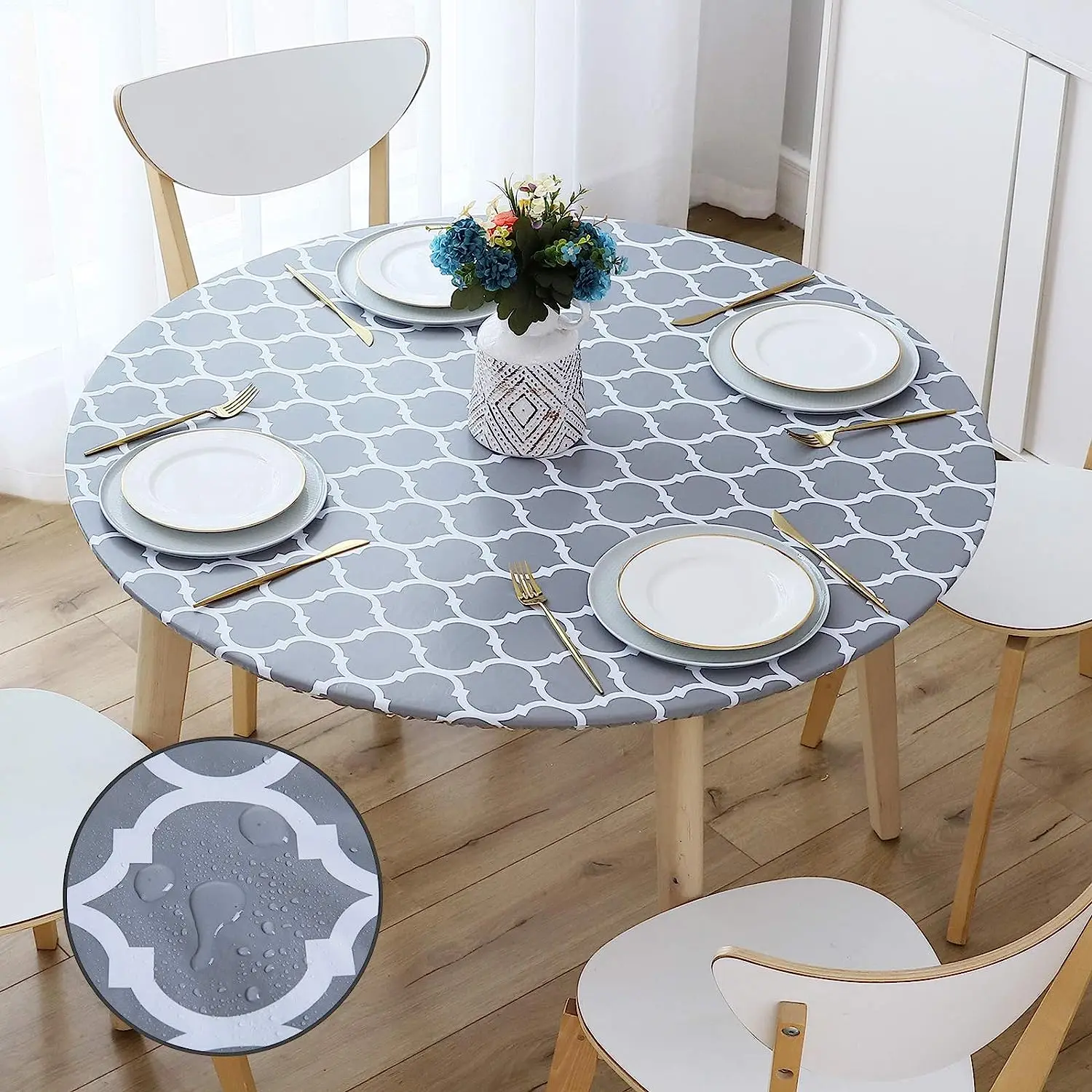 

Waterproof Wipeable Table Cover Fitted Elastic Edge Design for Party Picnic Home Decoration Grey Fashion Round Tablecloth
