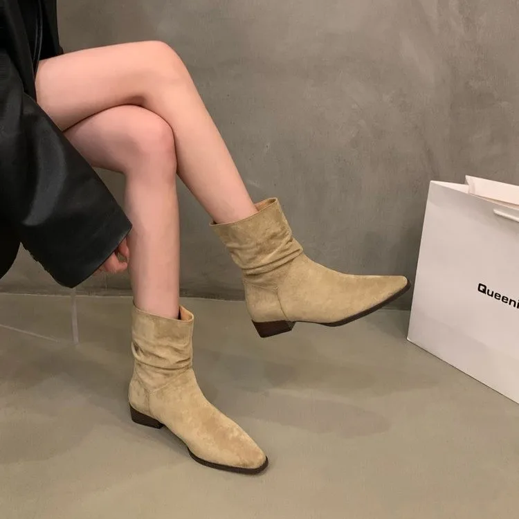 

Женские ботинки с ворсом в стиле ретро, с острым носком, на массивном каблуке, короткие, однотонные, ковбойские ботинки в западном стиле, в Интернете, для весны и осени