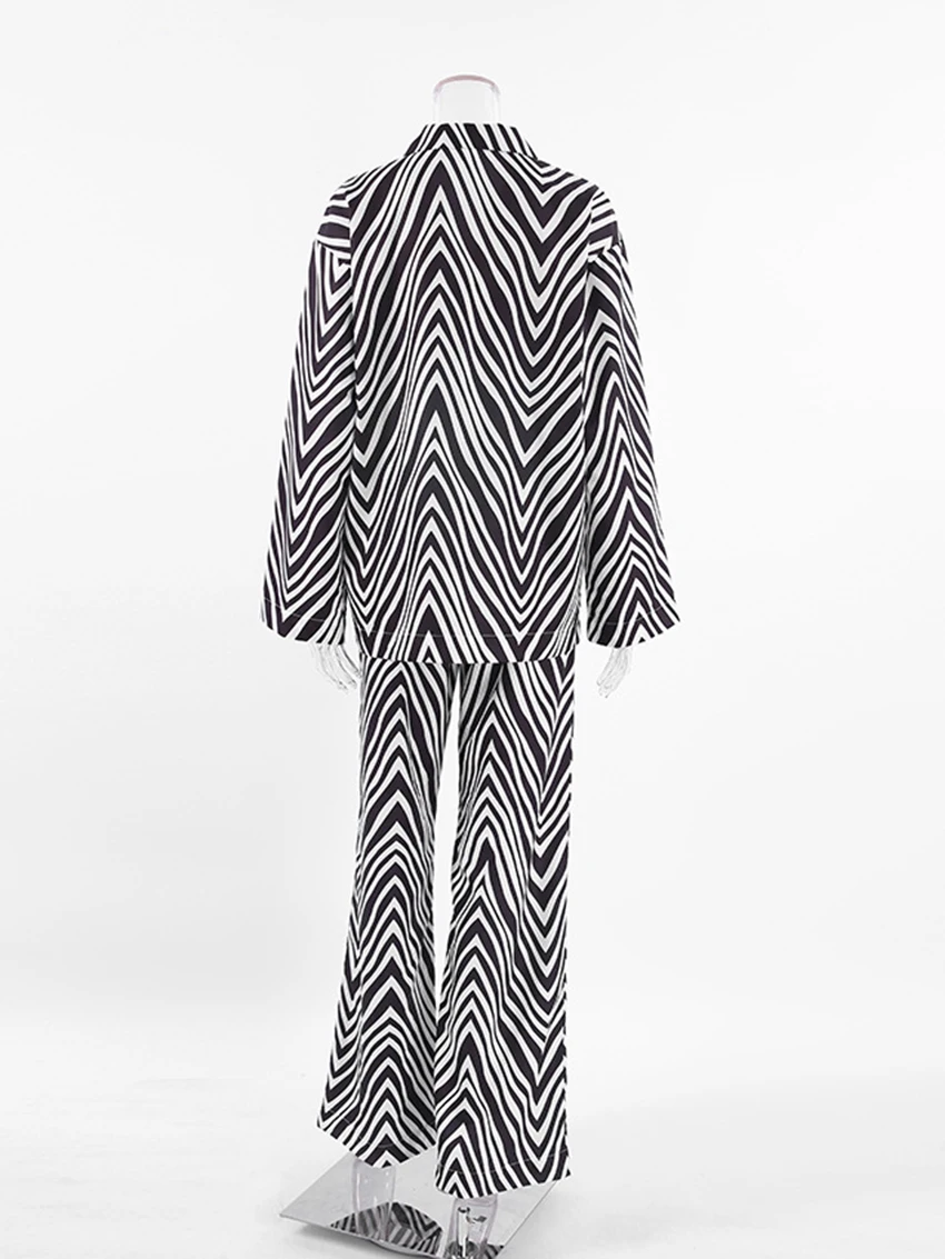Marthaqiqi Zebra Striped Women'S Pajamas Loose Long Sleeve Sleepwear Turn-Down Collar Nightie Elastic Waist Pants Nightwear Set