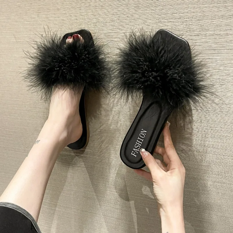 

Woman Slipper 2023 Fashion Black Feather Flat Fluffy Home Shoes Ladies Summer Outdoor Slides Female Casual Shoe Femme Zapatillas
