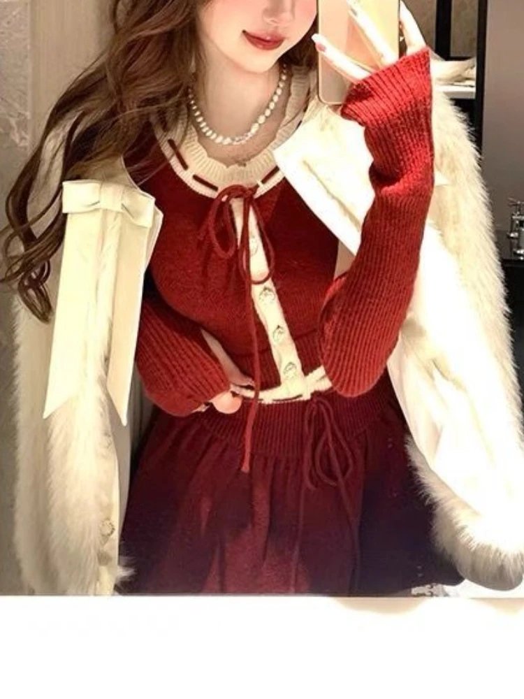 Красный рождественский корейский комплект из 2 предметов женский японский милый