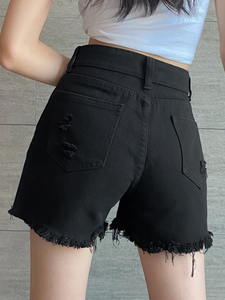 Streetwear Women High Waist Wide Leg Hole Frayed Denim Shorts Spring Summer Female Button Loose Jeans Shorts Bottoms
