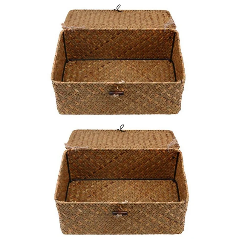 

Storage Basket Braided Straw Basket 2 Pieces Square Basket With Lid 26 X 16 X 10 Cm Desktop Organiser Bathroom Basket