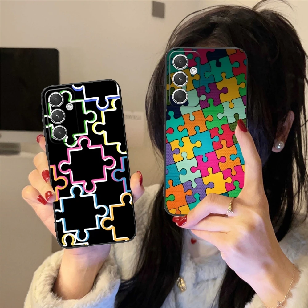 Puzzle Fashion Pretty Mobile Cell Phone Case for Samsung Galaxy S24 S23 S22 S21 S20 S10 S9 Plus FE Ultra Lite Black Cover Shell