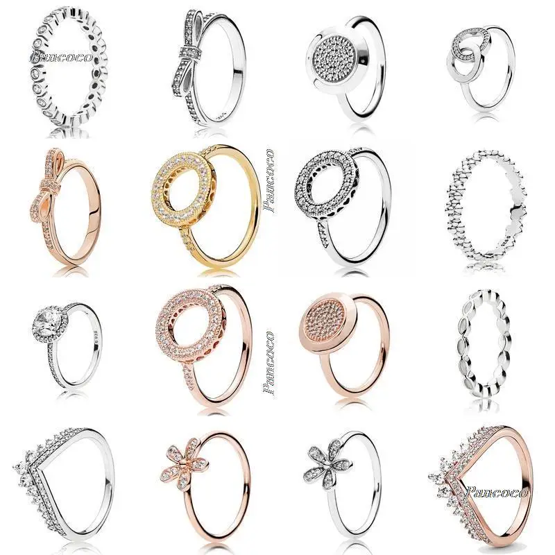 

Original 925 Sterling Silver Pave Logo Signature Circles Hearts Of Halo Princess Wishbone Bow Ring For Women Fashion Jewelry