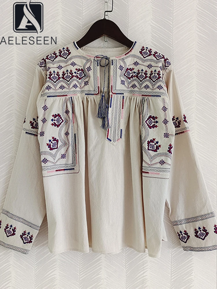 

AELESEEN модный подиумный винтажный Топ для женщин на весну и лето, кремово-белая, синяя Цветочная вышивка, кисточки, Повседневная Свободная Этн...