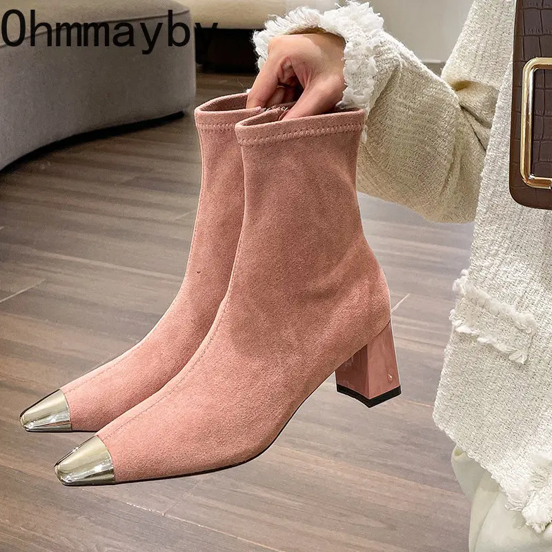 

Весна 2023, женские короткие ботинки, Зимние ботильоны разных цветов Elengt на толстом высоком каблуке, модные ботинки челси на молнии