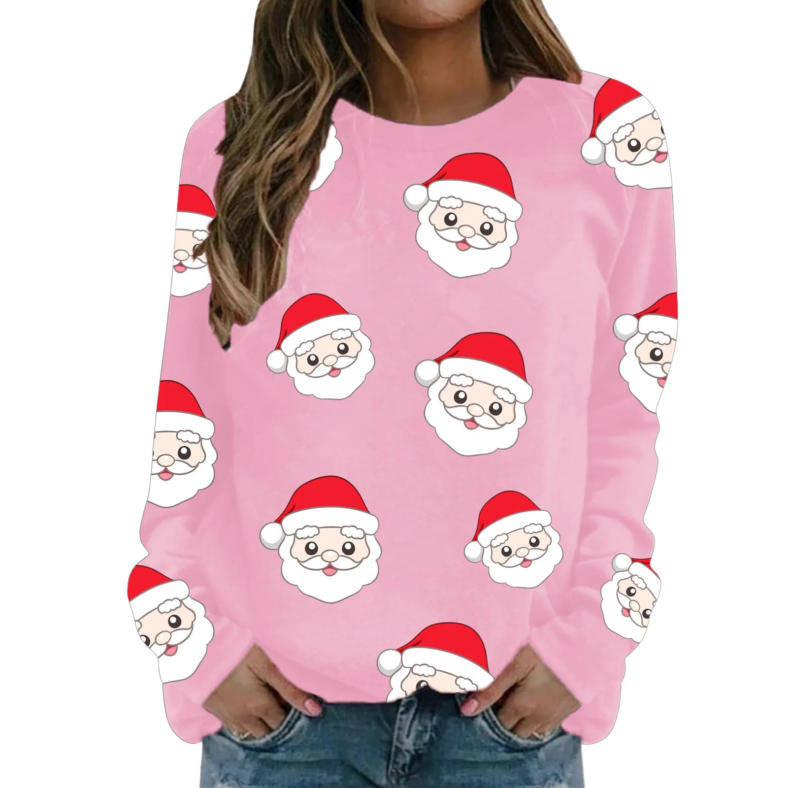 

Женский пуловер с круглым вырезом, длинным рукавом и рождественским принтом