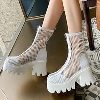 2022 summer ins thick sole cool boots fashion breathable black net red zipper boots luxury mesh round toe womens high heels
