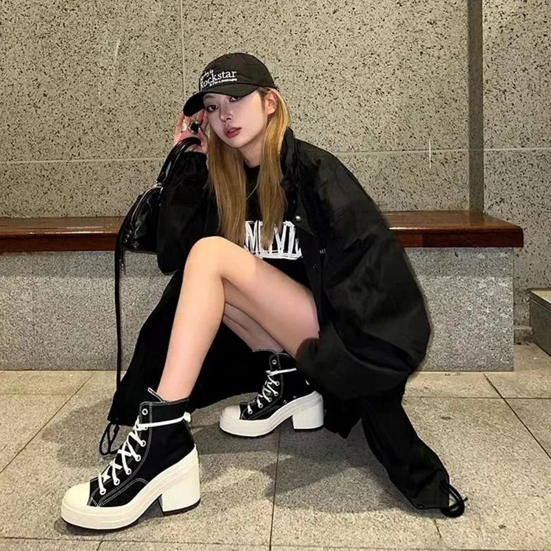 Женские высокие парусиновые туфли модные ботильоны на высоком каблуке и