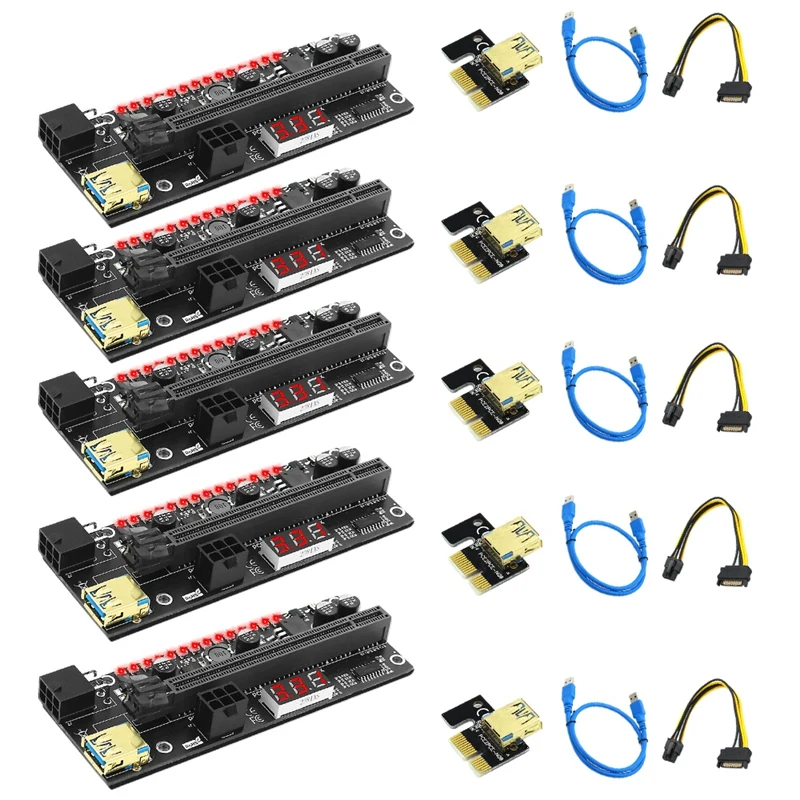 

PCIE Riser 1X to 16X Graphic Extension Card with 3.3V Digital Meter Display and 3528 Colorful LED for BTC Mining