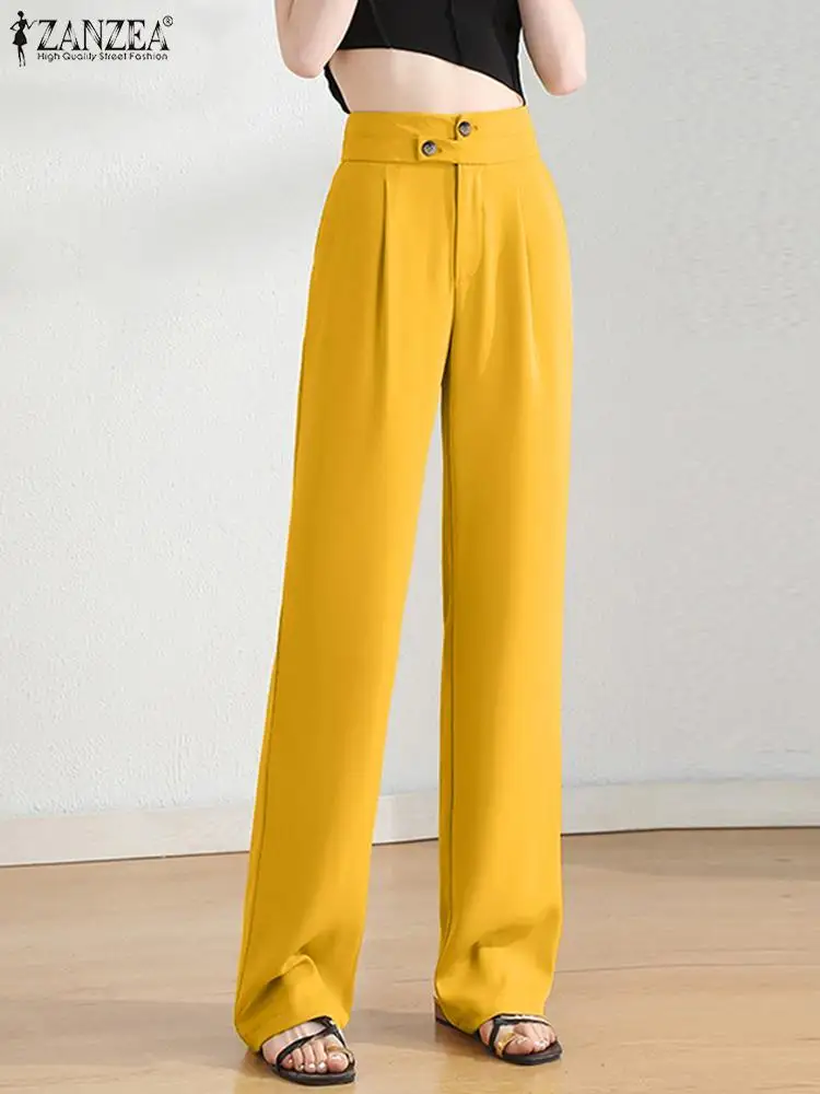 

ZANZEA Women Pleats Straight Pantalons Fashion Solid Long Trouser 2023 Autumn Vintage High Waist Pants Casual Loose Holiday Pant