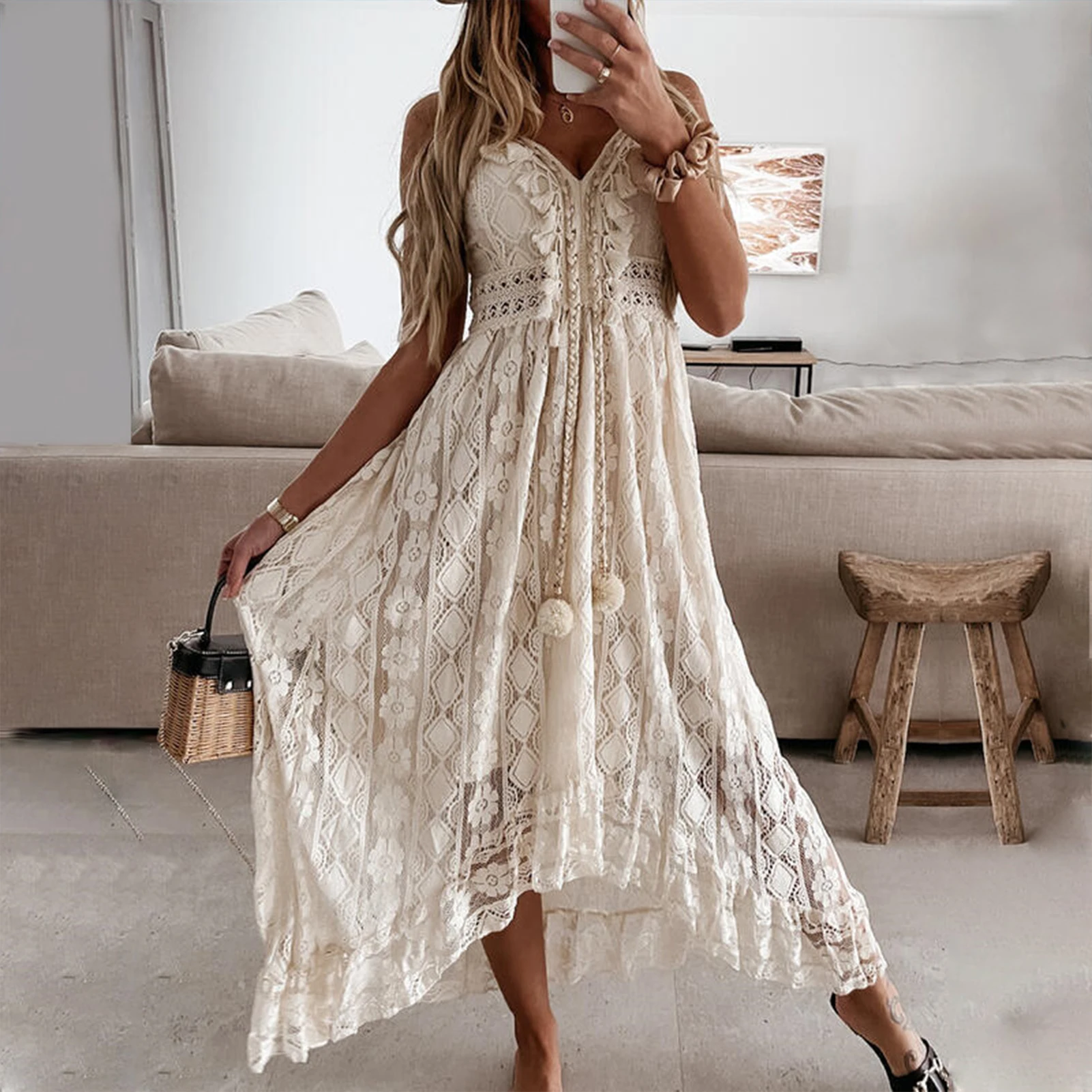 

Женское платье макси, длинное платье, летнее винтажное платье на бретельках с v-образным вырезом, кружевное лоскутное элегантное платье, одн...