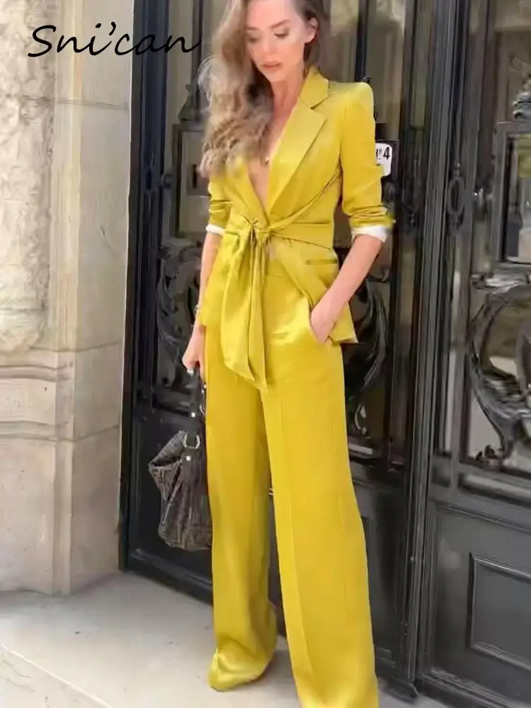 

Solid Yellow Office Ladies Jacket Coat Fashion Spring Summer V Neck Pockets Sashes Buttons Cuff Casual Women Blazer Outwear 2022