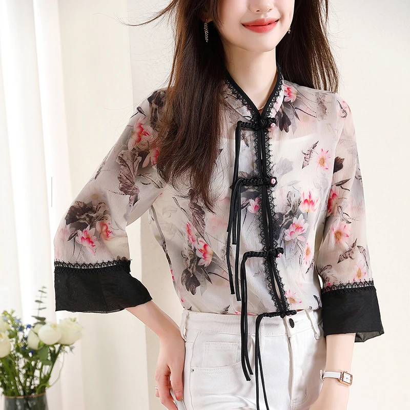 

Женские рубашки с цветочным принтом, летняя Новинка 2023, блузки в китайском стиле, топ свободного кроя с круглым вырезом и рукавом три четверти, женская одежда YCMYUNYAN