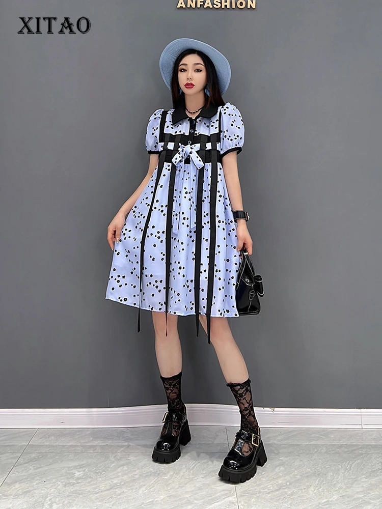 

XITAO модное платье в горошек контрастного цвета с кисточками и бантом, с отложным воротником, мини-платье 2022, новое свободное повседневное же...