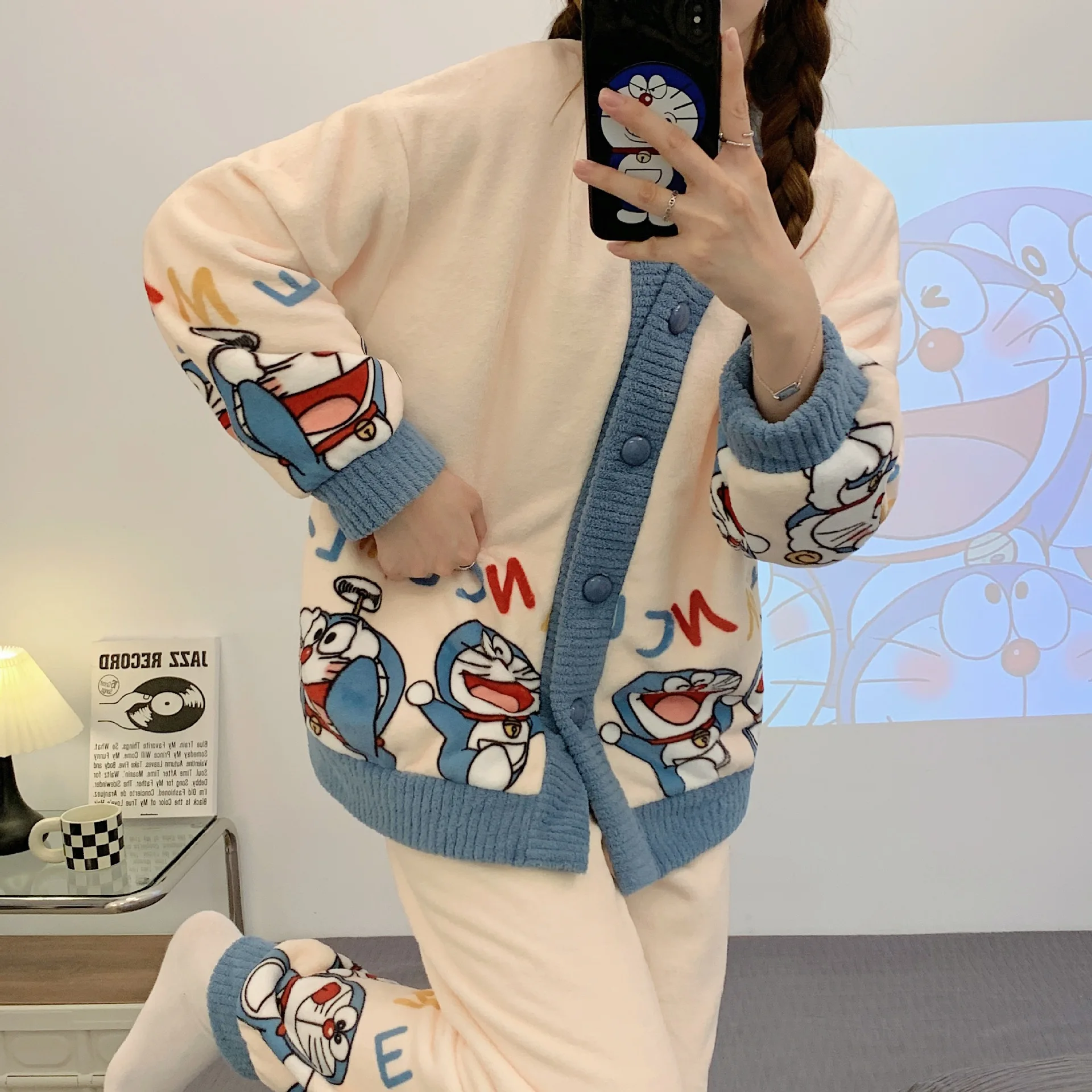 2Pcs Top Pants Women Sleepwear Set Winter Home Warm Thicken Flannel V-Neck Cardigan Cute Cartoon Suit Thick Fleece Soft Pyjamas