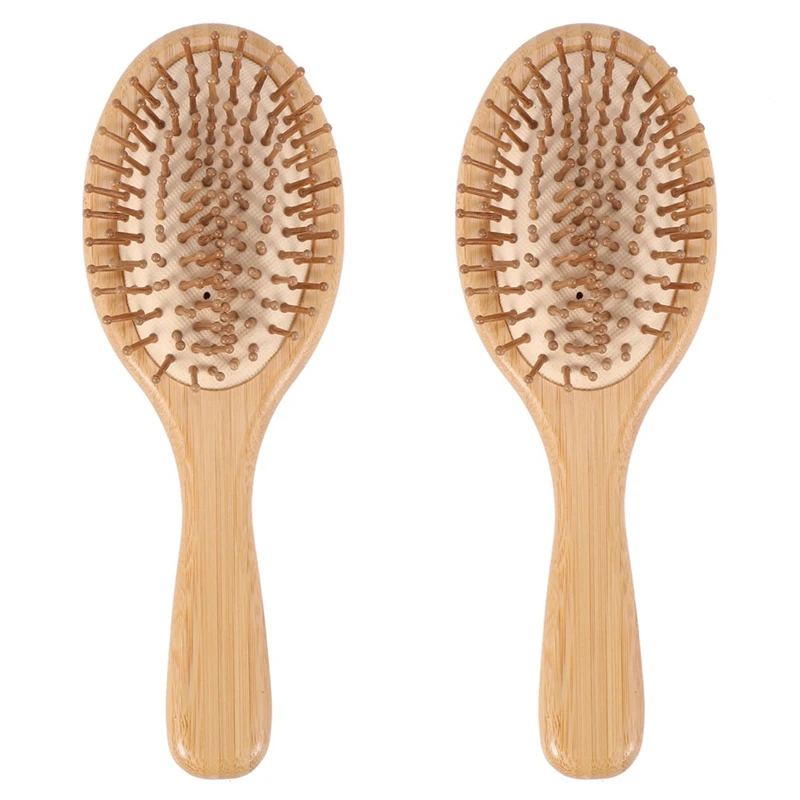 

2X Best Natural Wooden Paddle Hair Brush For All Hair Types, Ball Tipped Bamboo Bristle Flexible Cushion Base