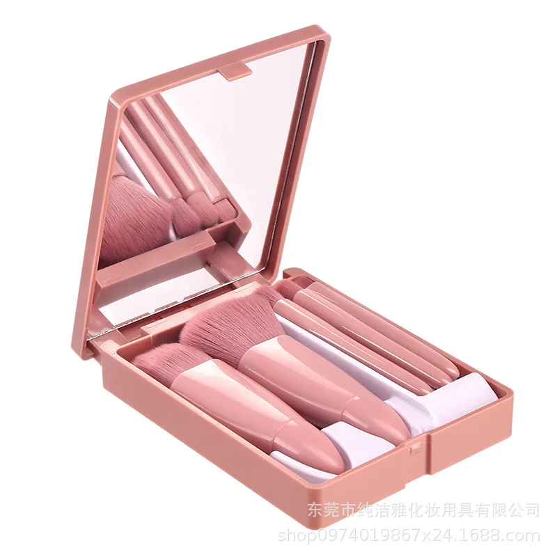 5pcs Mini Travel Makeup Brush Set Portable Storage Box with Mirror Giant Soft Loose Powder Blush Eye Shadow Cosmetic Brushes |