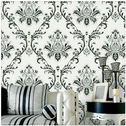 Дамасские обои в рулонах, белый/черный/серебристый текстурированный Настенный декор 53 см x 10 м