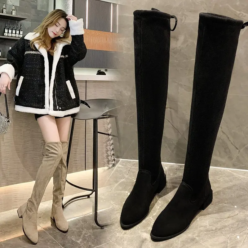 

2022 autumn boots women over the knee high-heeled long tube all-match thick-heeled cotton boots women