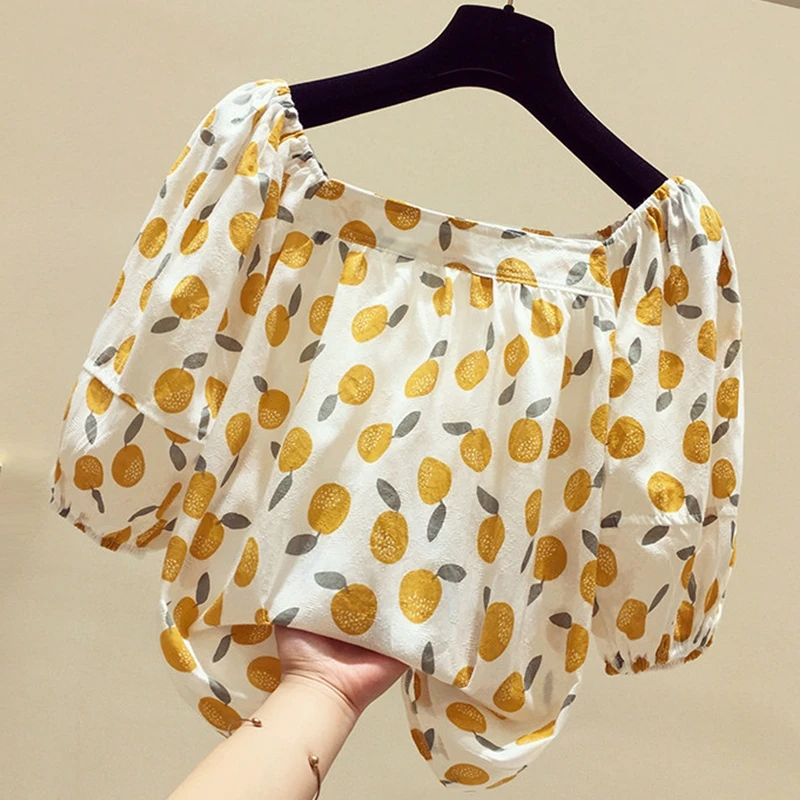 

Blouses Women Summer Sweet Fashion Orange Printed Crop Top Lantern Sleeve Ruffles Womens French Shirts Elegant New