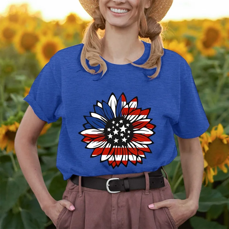 

Свободные повседневные женские топы с круглым вырезом, женская рубашка с короткими рукавами и принтом в виде флага подсолнуха на День независимости Америки