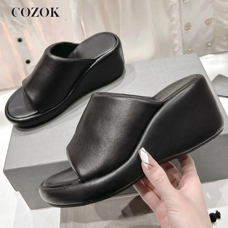 

2023 Casual Thick Bottom Women's Wedges Sliders Non-Slip Real Leather Round Toe Design Solid Soft Ladies Slippers Summer 35-40