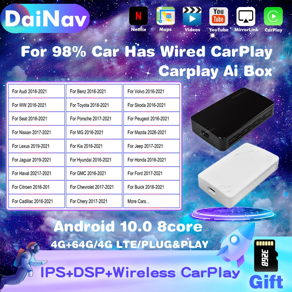 Carplay Ai Box Android Автомобильный мультимедийный плеер Новая версия 4 + 64G беспроводная