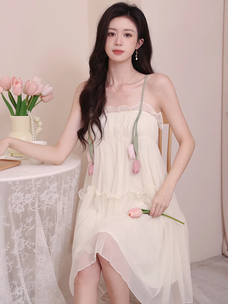 Women Summer Nightdress French Pure Mesh Nightgowns Pajama Lace Sexy Fairy Spaghetti Strap Sleepwear Ruffles Princess Homewear