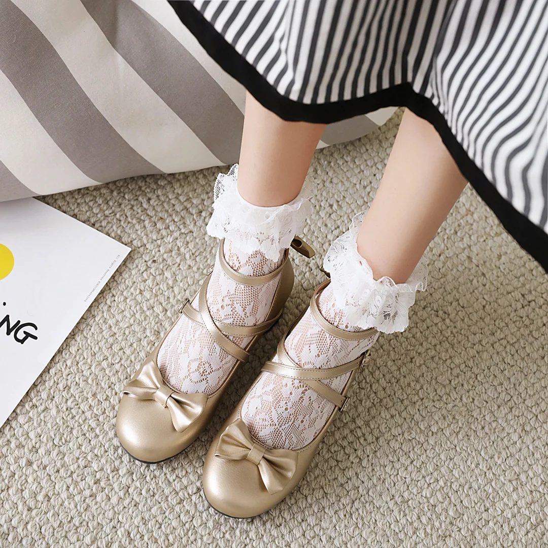 Big Feet Plus Size Women Round Toe Lolita Princess Party Shoes Ankle Strap Med Heel Leather Cosplay Pumps Sweet Bowtie Jk Black