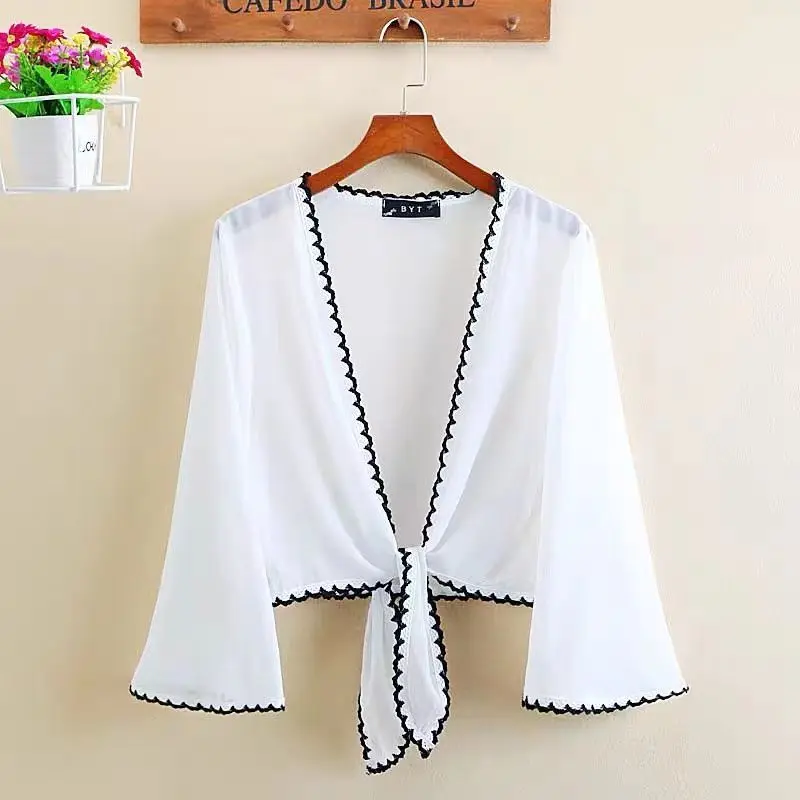 

Summer Chiffon Blouse White Cardigan Sun Protection Clothing Long Sleeve Blouse Beach Female Fashion Short Tops Feminino E41
