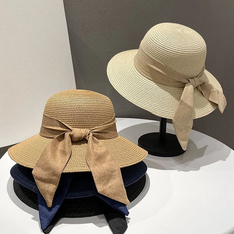 

Bow Knot Solid Color Sun Protection Women Summer Beach Hat Fashion Korean Version Shade Straw Hat Summer Women Cap