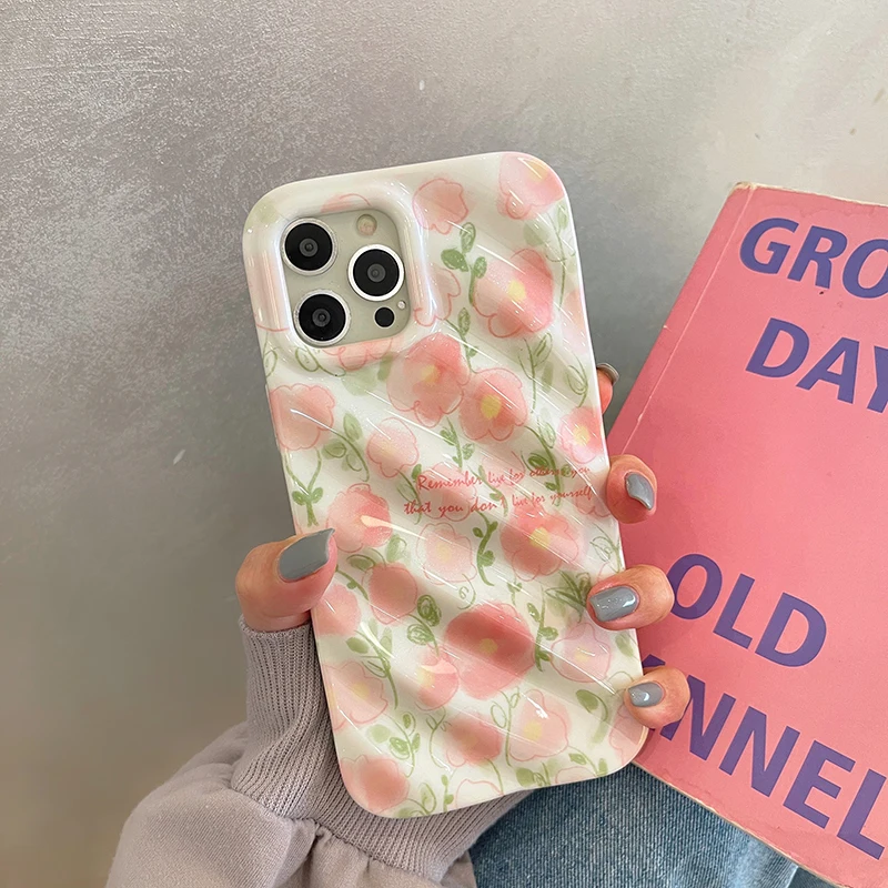 

Cute Pink Flowers Phone Case For iPhone 14 13 12 11 Pro Max 3D Wave Soft Silicone Protector Funda Lovely Floral Cover