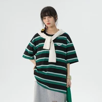 korean womens retro striped t shirt summer japanese style over size loose tees for couple short sleeve t shirt women tops