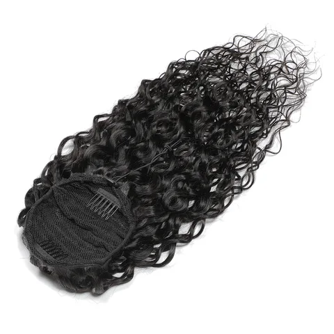Волна воды на шнурке хвост 100% наращивание человеческих волос на клипсе в конский хвост для женщин Remy натуральный черный цвет
