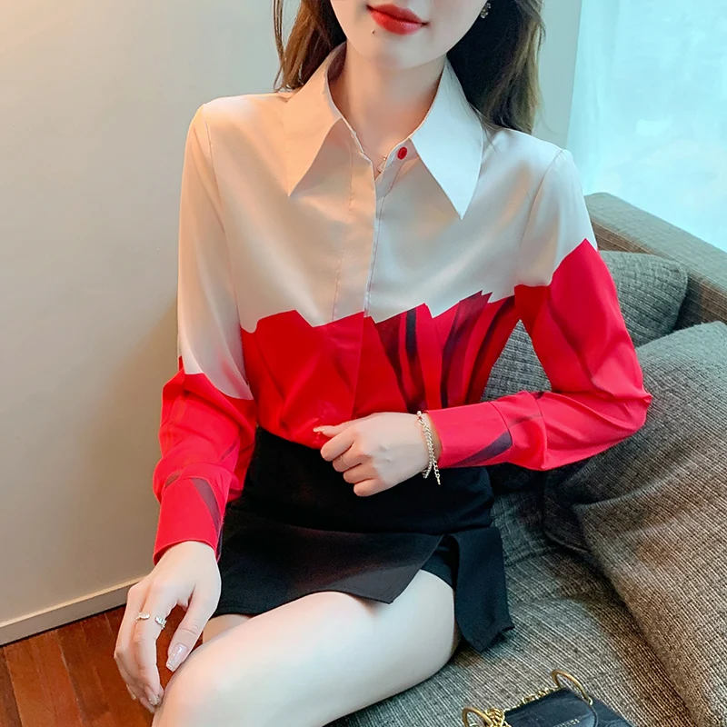 

Fashion Autumn Women's Clothing Blouse Shirts Women Tops Contrast Color Silk Long Sleeve Turn Down Collar Camisas De Mujer 557J