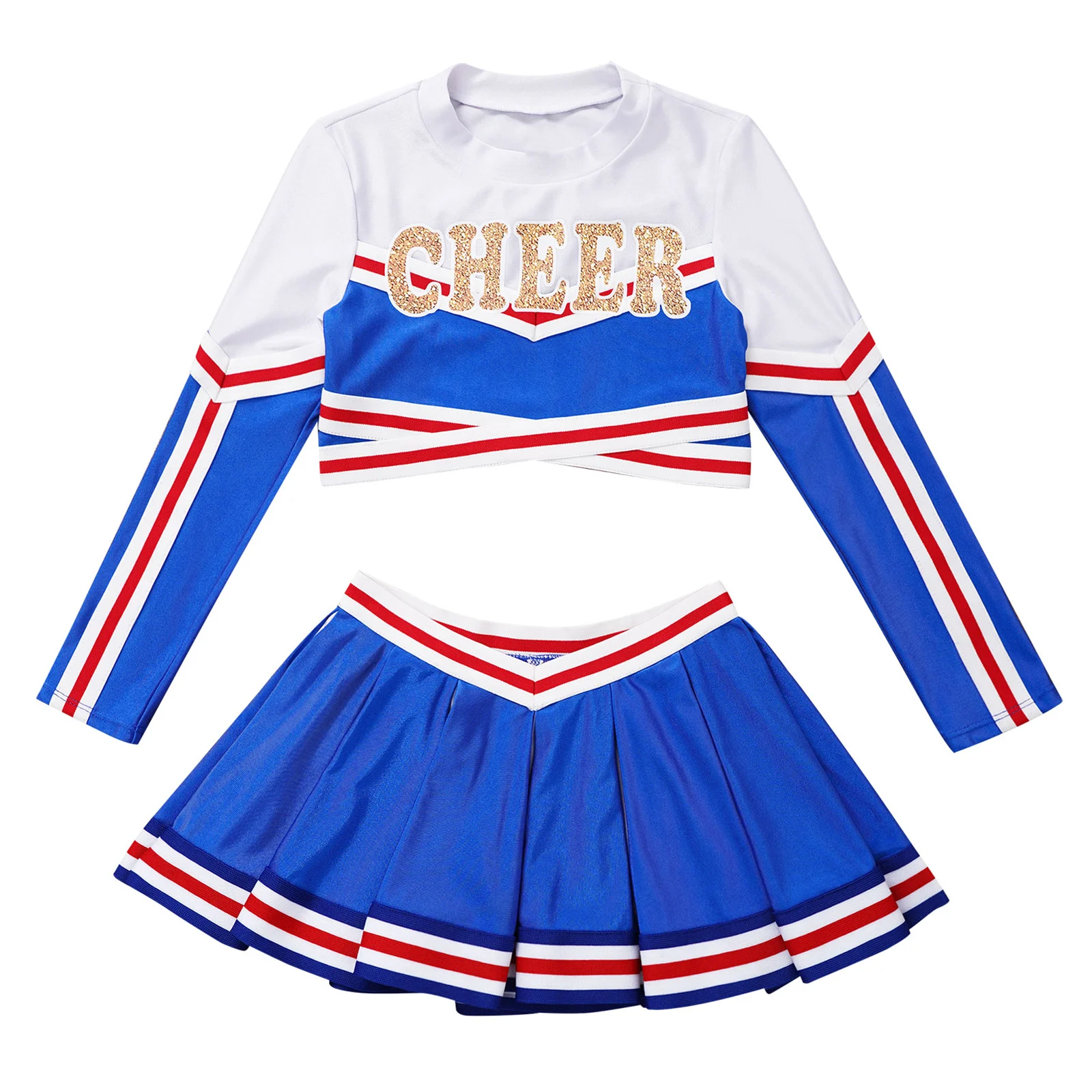 Kids Girls Cheerleader Costumes Uniform Long Sleeve Cheer Printed Crop Top with Pleated Skirt Set Cheerleading Dance Performance