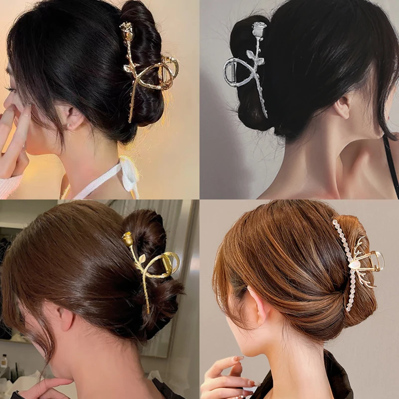 

Новинка 2022, женская элегантная Золотая металлическая заколка для волос с полыми крапанами, винтажная шпилька для волос с жемчужинами и стра...