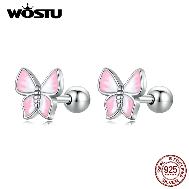 

WOSTU Small Pink Butterfly Earrings For Women Real 925 Sterling Silver Lovely Cute Animal Studs Earring Statement Jewelry Gift