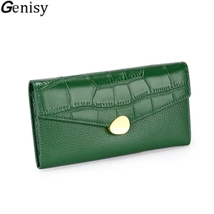 women genuine leather long wallet fashion fold leather phone wallet ladies envelope wallet hand purse crocodile pattern clutch free global shipping