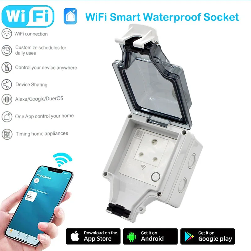 Nova 16a Wifi Tomada de Parede Inteligente Sul Afric Power Jack Ip66 Outdoorwaterproof Interruptor Plug Trabalho com Controle Remoto App