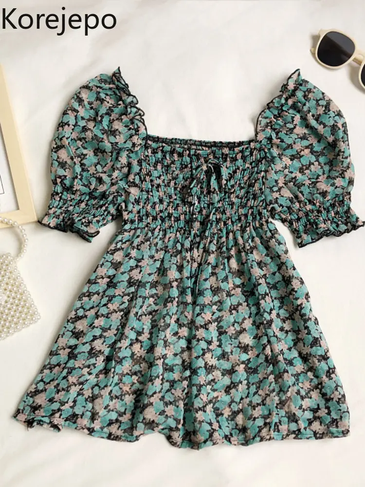 

Женские милые летние рубашки кореjepo, эластичный плиссированный топ с деревянными ушками и квадратным воротником, 2022 рубашка с коротким рук...