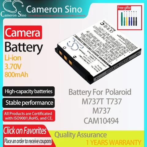 Литий-ионный аккумулятор CameronSino для Polaroid M737T T737 M737, подходит для цифровых камер Polaroid CAM10494, 800 мАч, 3,70 в, черный