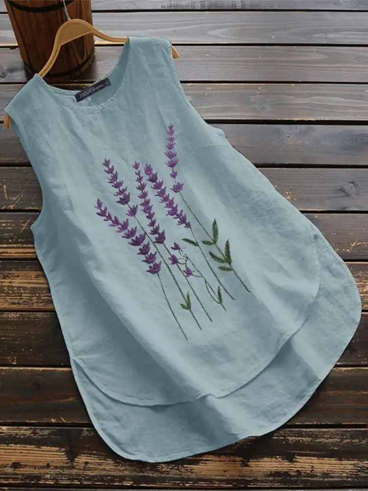 

Летняя Повседневная Свободная Женская блузка ZANZEA с цветочной вышивкой, рубашка без рукавов с круглым вырезом, праздничные пляжные Блузы