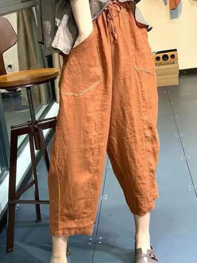 

2021 New Arrival Summer Arts Style Women Loose Casual Elastic Waist Harem Pants All-matched Cotton Linen Ankle-length Pants W117