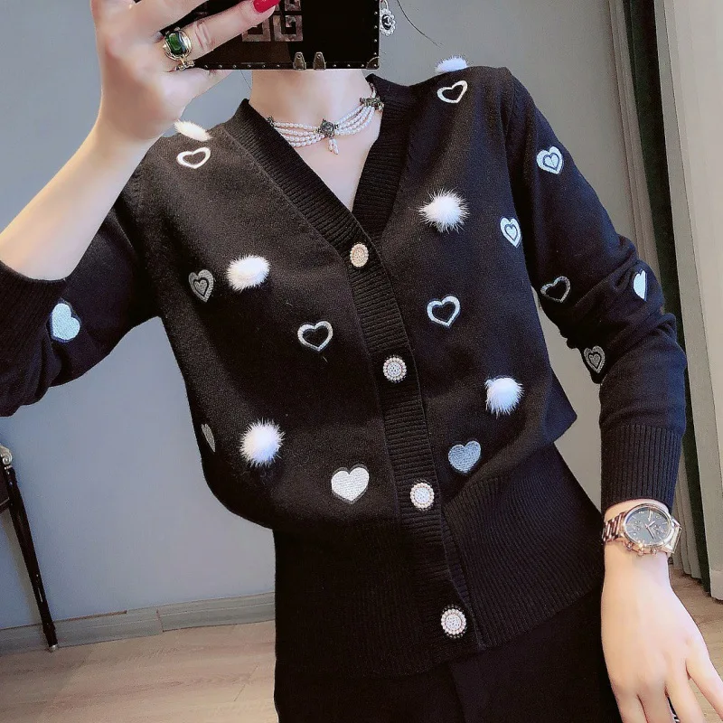 

2022 Autumn Cardigan Pull Femme Cardigan Crop Top New V-neck Long Sleeve Love Embroidery Loose Single-Breasted Sweater