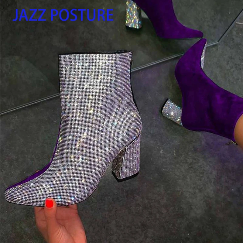 

Pointed Toe Short Boots Woman 2021 Fall/Winter Shoes Women High Heeled Boots Rhinestone Chunky Heel Female Booties Large Size z7